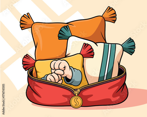 Cozy Pillows Stuffed into a Red Pouch A Comfort and Relaxation Illustration