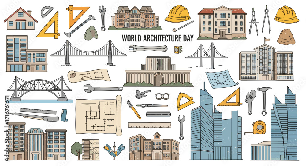Fototapeta premium Architectural elements and structures in a detailed illustration for architecture day celebration