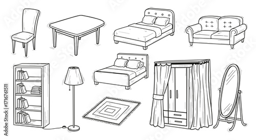 Illustration showing furniture items including beds, chairs, tables, and storage units in a room