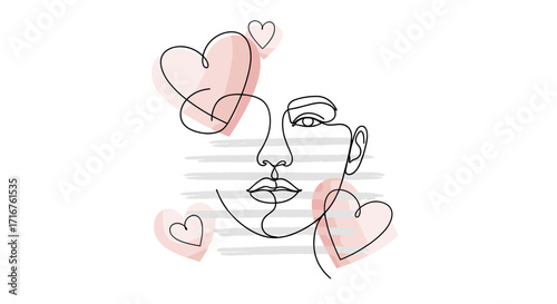 Abstract line art of a face with hearts and horizontal strokes creating a modern artistic design