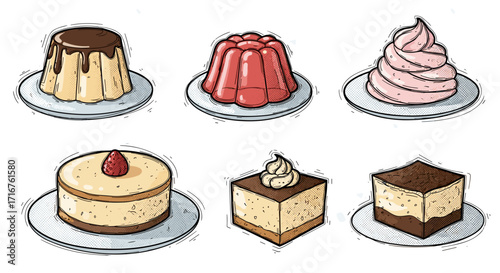Assortment of desserts including pudding jelly and cakes displayed on small round plates in a group