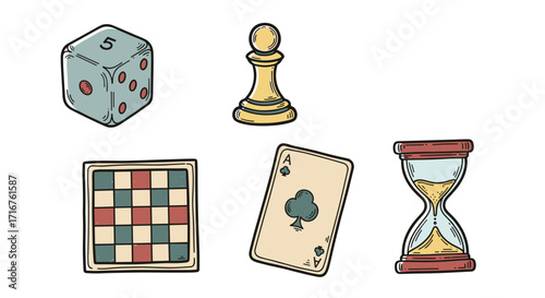 Assorted game elements featuring a die, chess piece, card, checkerboard, and an hourglass image present