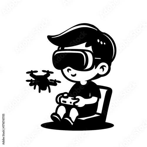 Boy with VR Goggles Controlling Drone Black and White Vector Illustration

 

 
