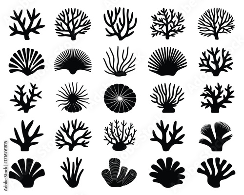 Diverse collection of 25 black coral and various marine organism silhouettes. Ideal for ocean-themed designs, aquatic graphics, decorative patterns, and underwater life illustrations