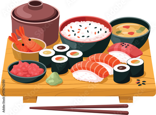 Detailed illustration of a Japanese meal set, showcasing assorted fresh sushi, nigiri, maki rolls, rice, miso soup, and shrimp on a wooden tray, offering a complete and authentic culinary experience