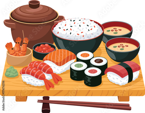A vibrant digital illustration showcases a delightful sushi platter, featuring fresh salmon, shrimp, sushi rolls, and bowls of soup, perfect for culinary themes