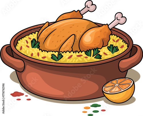 A Deliciously Roasted Whole Chicken Served Over a Bed of Flavorful Yellow Rice, Garnished with Fresh Parsley and a Wedge of Juicy Orange