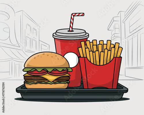A delicious burger and fries meal with a soda drink on a tray, presented as a digital illustration