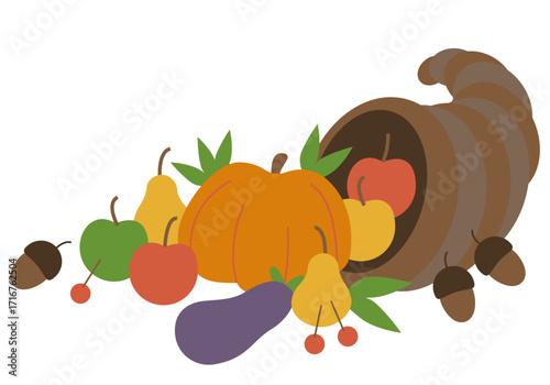 Thanksgiving Day horn of plenty. Horn of plenty with seasonal fruits and vegetables
