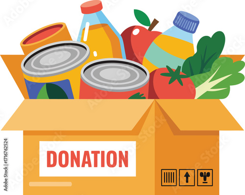 Donation Box Overflowing with Food A Flat Cartoon Illustration for Charity and Support