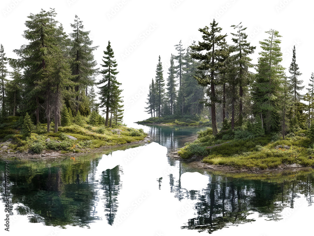 Obraz premium PNG of Serene forest landscape reflecting in a calm river with lush greenery all around.