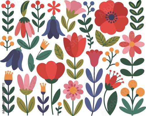 Whimsical Floral Arrangement A Colorful Flat Design Featuring Various Flowers, Leaves, and Elements