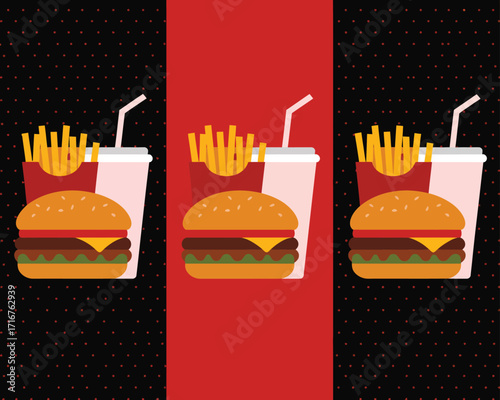 Minimalist flat design illustration featuring a repeating trio of classic fast food combos on a dotted background