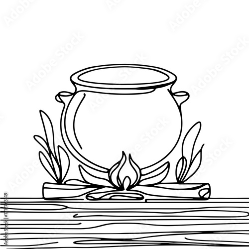 Cooking pot on fire one line art illustration in black minimalist style