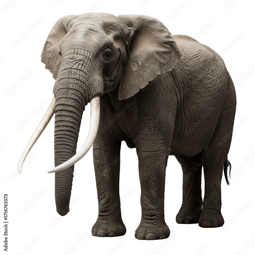Fototapeta premium Majestic adult male African elephant, transparent tusks, wrinkled grey skin, on seamless light grey studio background, no shadows, perfectly lit, concept of anatomical precision