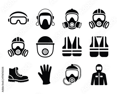 A comprehensive set of black and white vector icons illustrating essential personal protective equipment (PPE) for workplace safety and occupational health