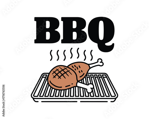 A simple line art illustration featuring a classic backyard barbecue scene with two grilled chicken drumsticks sizzling on a hot cooking grate, perfect for summer menus and outdoor event promotions
