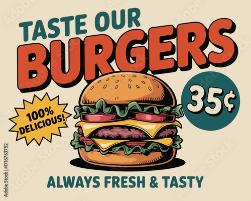 Retro Burger Advertisement with Vintage Style Design, Featuring a Delicious Burger and a Price Tag, Promising Freshness and Taste
