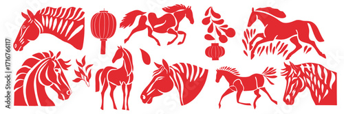 Year of the horse chinese new year papercut style symbols with traditional red decorative horse illustrations