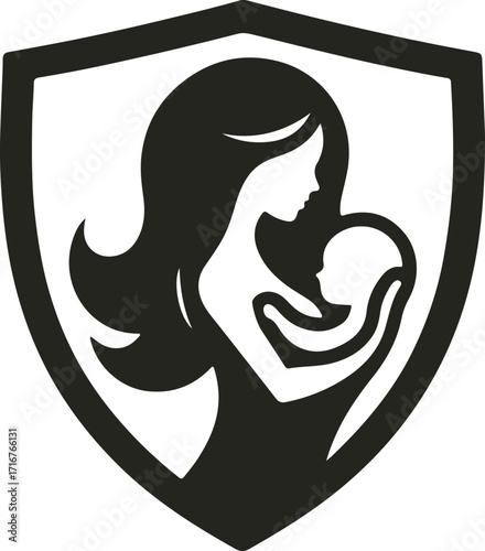 Elegant vector logo showing a mother tenderly holding her baby in a heart-shaped embrace, symbolizing love, care, and maternal connection.