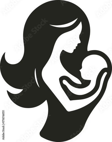 Elegant vector logo showing a mother tenderly holding her baby in a heart-shaped embrace, symbolizing love, care, and maternal connection.