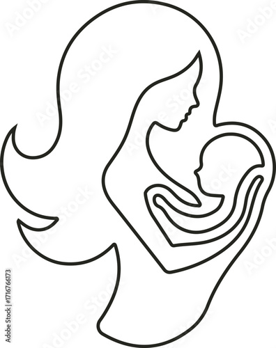 Elegant vector logo showing a mother tenderly holding her baby in a heart-shaped embrace, symbolizing love, care, and maternal connection.