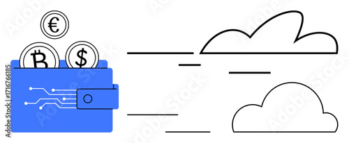Blue wallet holding euro, bitcoin, and dollar coins paired with outlined clouds and digital interaction lines. Ideal for finance, cryptocurrency, fintech, cloud technology, transactions, innovation