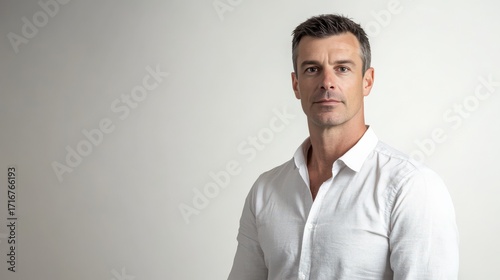 Confident Man in White Shirt Against Neutral Background