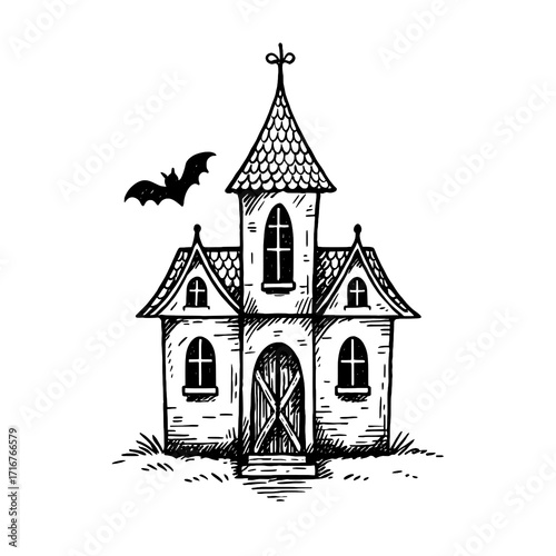 
Haunted House with Bat Vintage Black and White Vector Illustration

 

:
