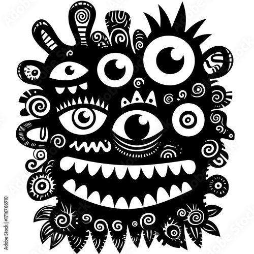 Colorful abstract creature with multiple eyes and intricate patterns in a whimsical design