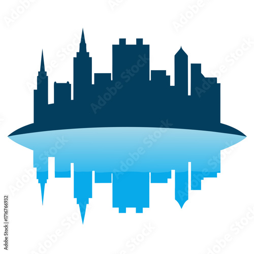 Dark blue city skyline silhouette reflected in blue water