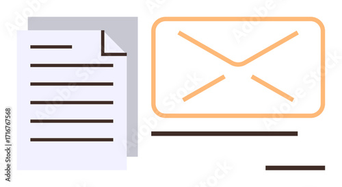 Document with text page and orange envelope for messaging, collaboration, or information sharing. Ideal for communication, email, document management, correspondence, workflow, organization or