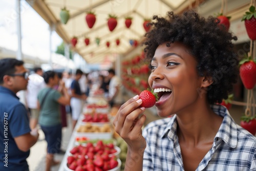 A black woman is tasting a strawberry at a Japanese strawberry festival. The background shows festival stalls, colorful banners, and happy visitors