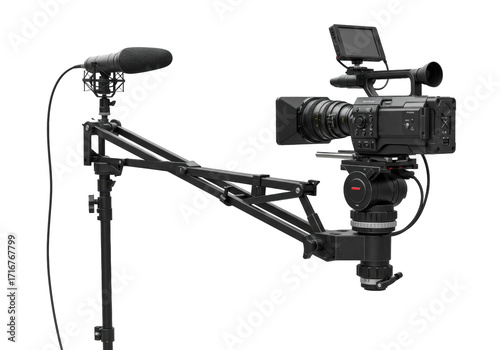 High-end matte black broadcast video camera with prime lens on sleek carbon fiber jib arm, studio microphone, monitor, transparent background. Concept of cutting-edge technology
