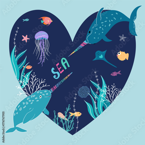 Colorful marine illustration in a heart shape featuring narwhals, fish, jellyfish, corals, sea plants, starfish and playful text “SEA,” symbolizing love for the ocean, nature and underwater life.