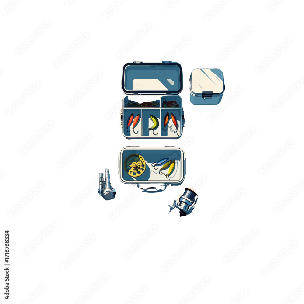 Fototapeta premium Detailed Fishing Tackle Box with Lures and Accessories Illustration 