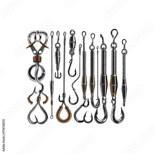 Vector Illustration: Fishing Tackle Set with Swivels and Hooks
