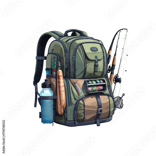 Detailed Fishing Backpack Clipart Vector – Gear & Equipment Illustration
