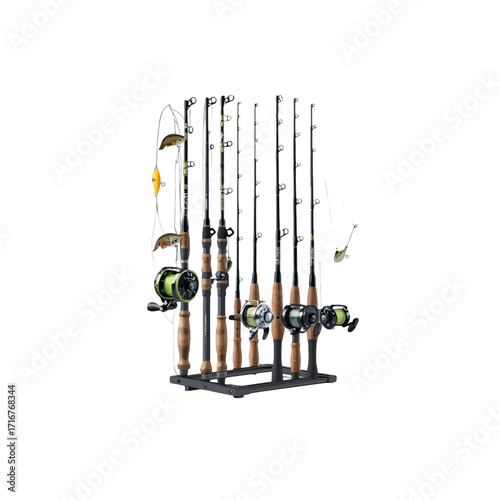 Fishing Gear Organizer Vector Illustration - Rod Holder Stand, Fishing Rods & Reels
