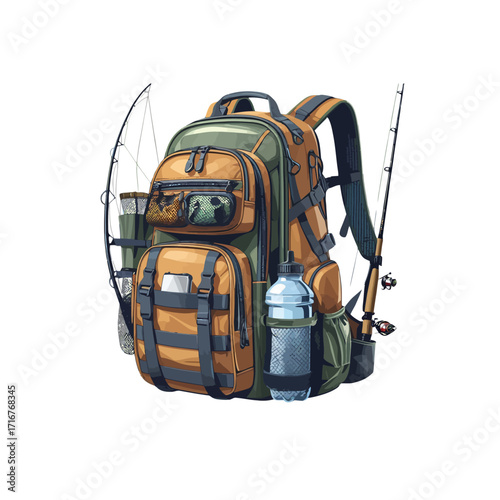 Fishing Backpack Clipart with Rods and Gear – Outdoor Adventure Illustration
