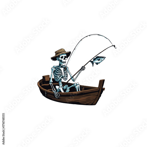 Funny Skeleton Fishing in Boat Cartoon | Humorous Fishing Illustration
