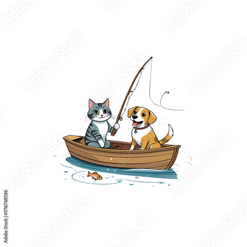 Cute Cat and Dog Fishing Adventure in a Boat Illustration
