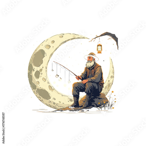 Old Man Fishing on the Moon: Whimsical Lunar Fisherman Art Print