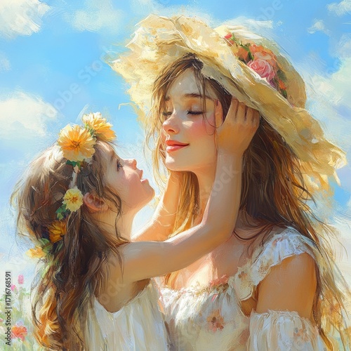 Sweet mother daughter moment in sunlit meadow, pure love and connection on a beautiful summer day, family happiness and togetherness, joyful memories