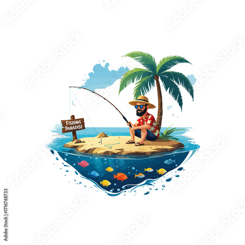 Cartoon Man Fishing on Tropical Desert Island Illustration | Summer Vacation & Relaxation Vector
