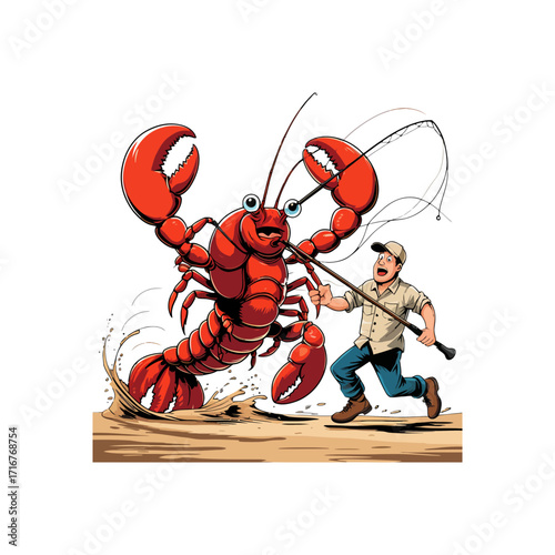 Cartoon Lobster Fishing Adventure: Fisherman vs. Giant Lobster
