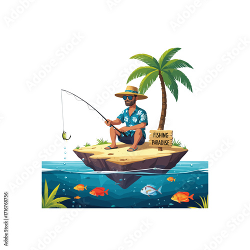 Cartoon Man Fishing on Tropical Island Illustration
