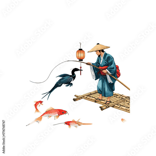 Traditional Chinese Cormorant Fishing | Fisherman on Bamboo Raft with Birds & Fish.
