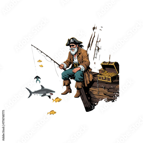 Pirate Fishing Adventure: Shark, Treasure Chest, and High Seas Fun Illustration