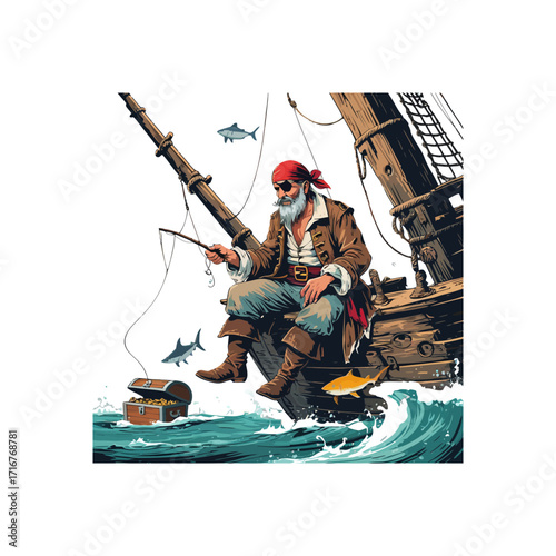 Pirate Fishing on Ship Deck with Treasure Chest Illustration
